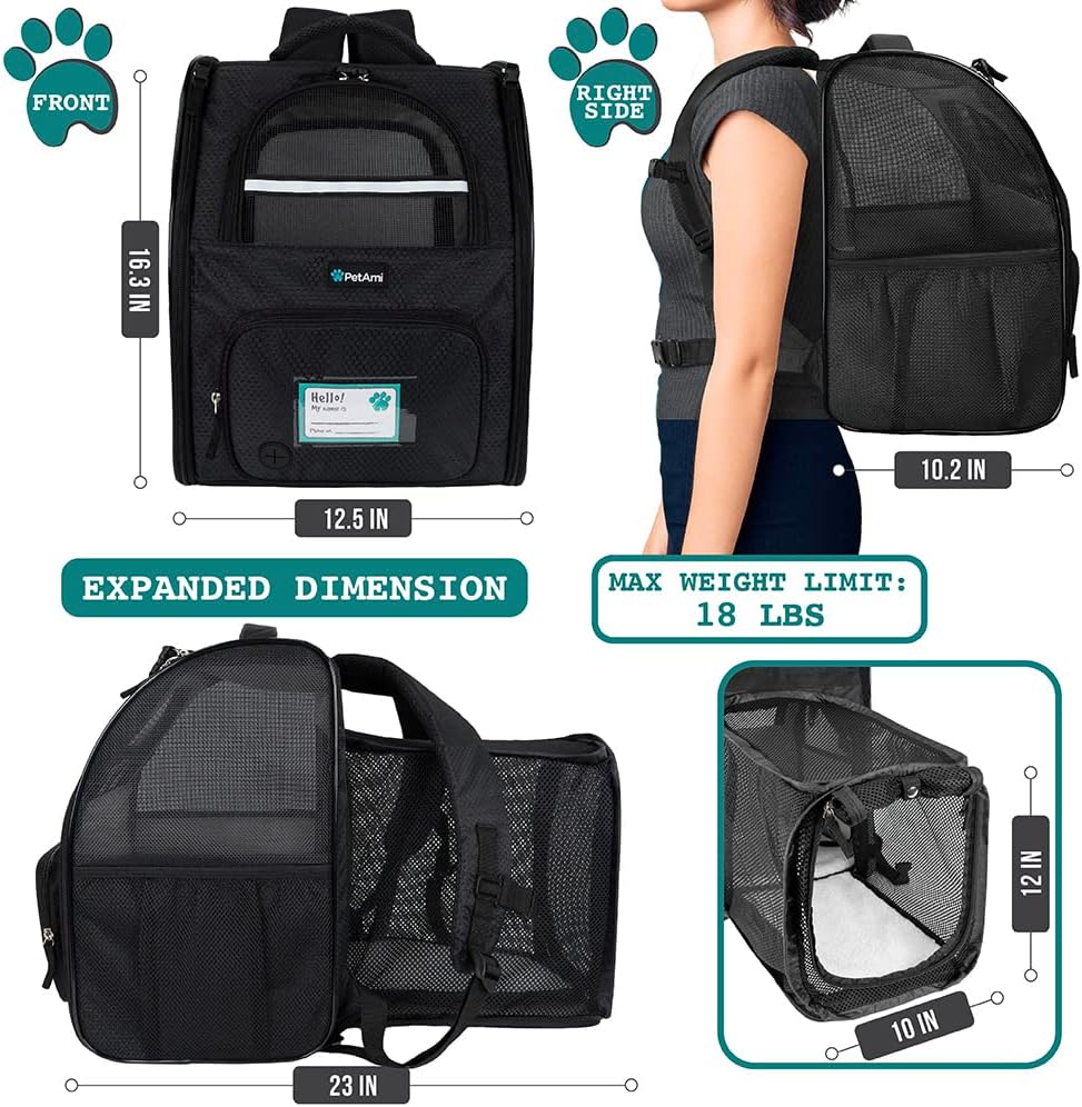 PetAmi Expandable Dog Cat Backpack Carrier, Airline Approved - 12.5"L x 10.2"W x 16.3"H / Black - image 2