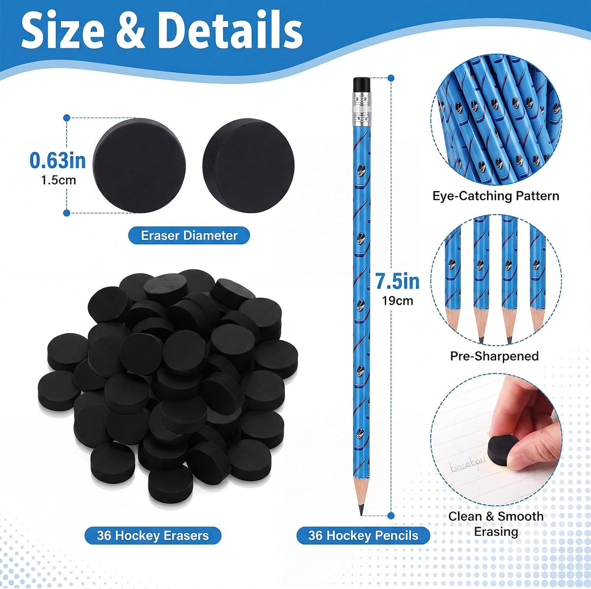 Tinlade 72 Pcs Sports Pencils and Erasers for Boys, Party Favors – Fun for Kids & Family - Hockey - image 2