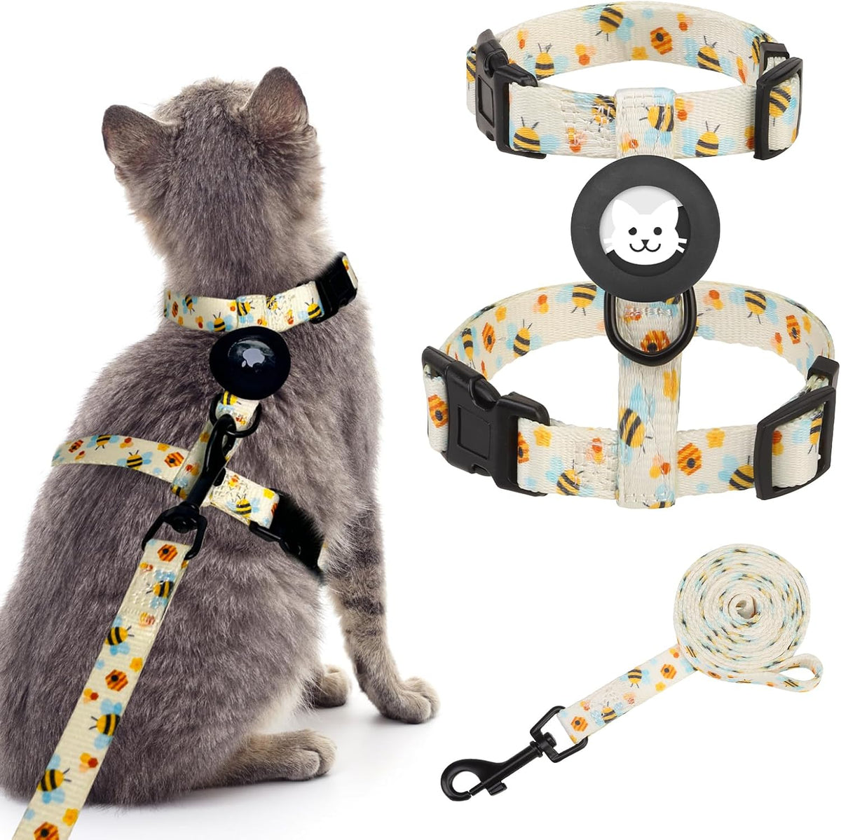 BINGPET Cat Harness with Airtag Holder - Cute Bee (Buckles on Neck & Chest)