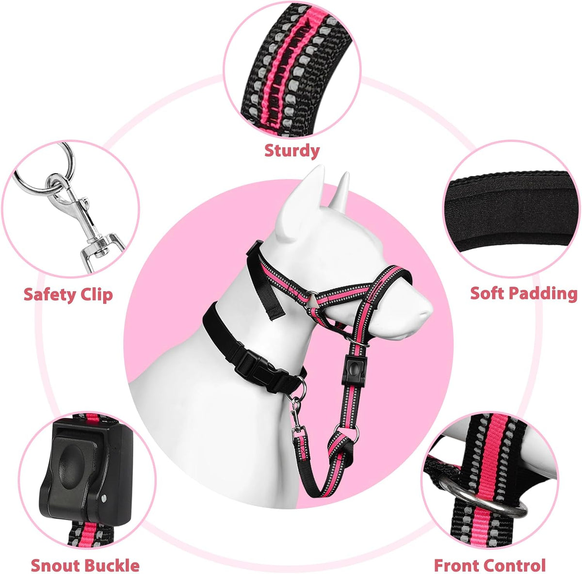 Soft Dog Head Collar, Patented Padded No Pull Training Head Halter – Essentials for Dogs - Pink / XL (Snout 12"-17.5") - image 2