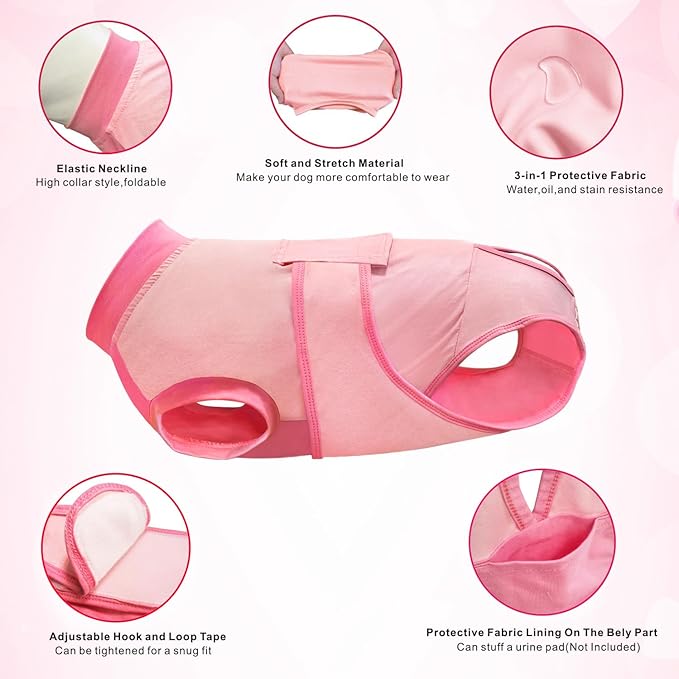 Idepet Dog Recovery Suit Female,Dogs Onesie Suit Surgery Male Breathable Pet Bodysuit for Spay Neuter E-Collar & Cone Alternative Surgical Suit Puppy Abdominal Anti Licking Wounds Shirt (Pink, L)