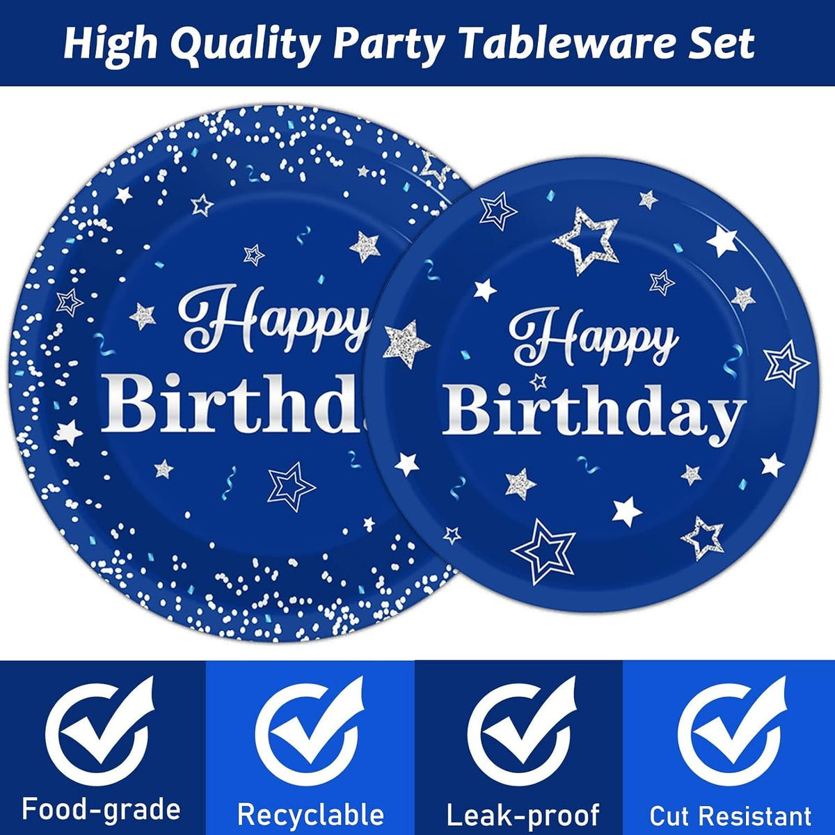 Tevxj navy blue and silver happy birthday tableware set with plates, napkins and forks for 24 - view 40