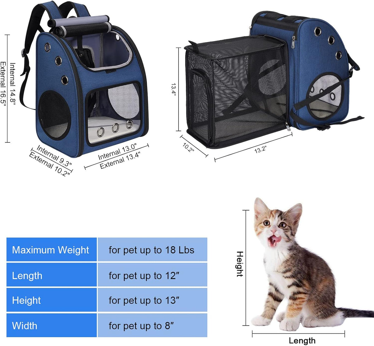 Expandable Cat Backpack Carrier for Small Cats/Dogs Airline Approved – Essentials for Dogs - Blue-Standard - image 2
