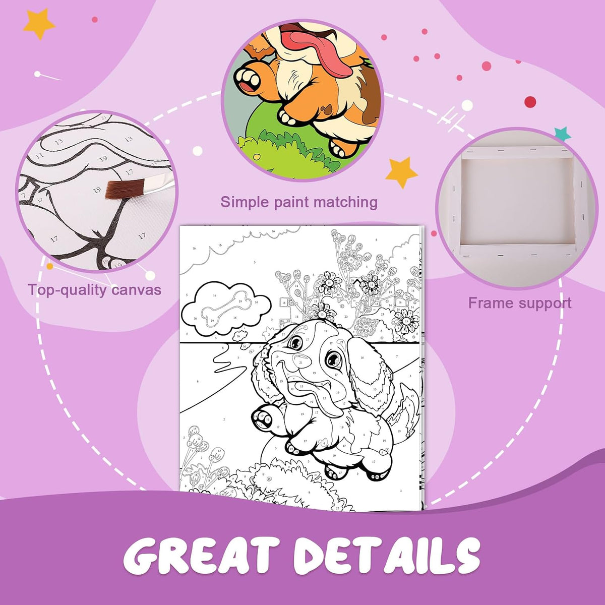 Jovial & Joyful kids paint by number kit with three framed animal canvases and paint pots - view 16