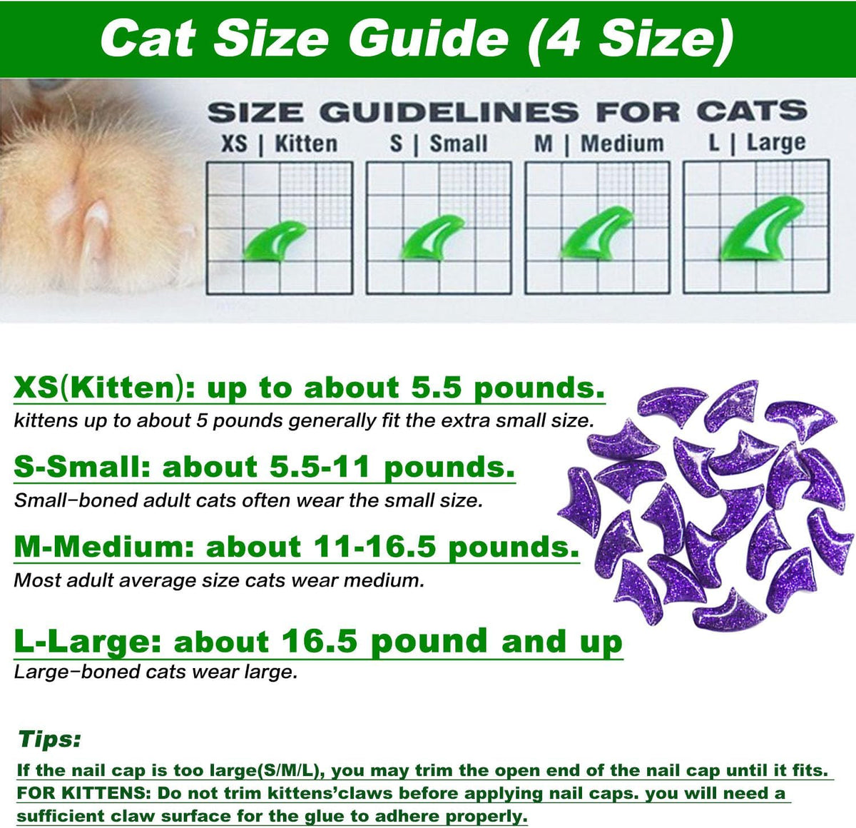 VICTHY 10 Colors | 100pcs Cat Nail Caps Glitter Cat Claw Caps Kitten Caps with Adhesives - Extra Small - image 3