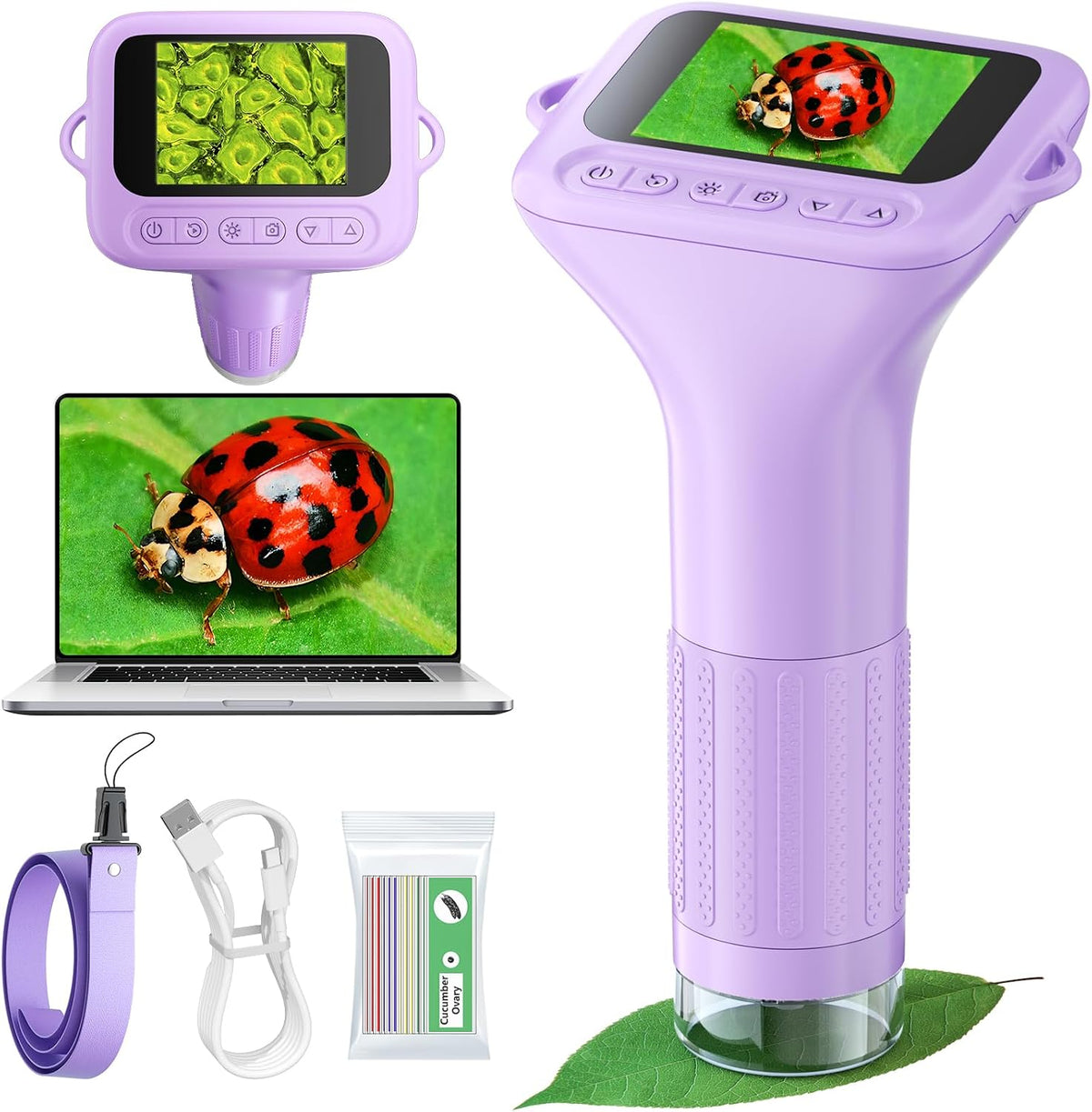 Odatay 1000X Digital Kids Microscope Kit with 12 Slides & 2" Screen - Purple