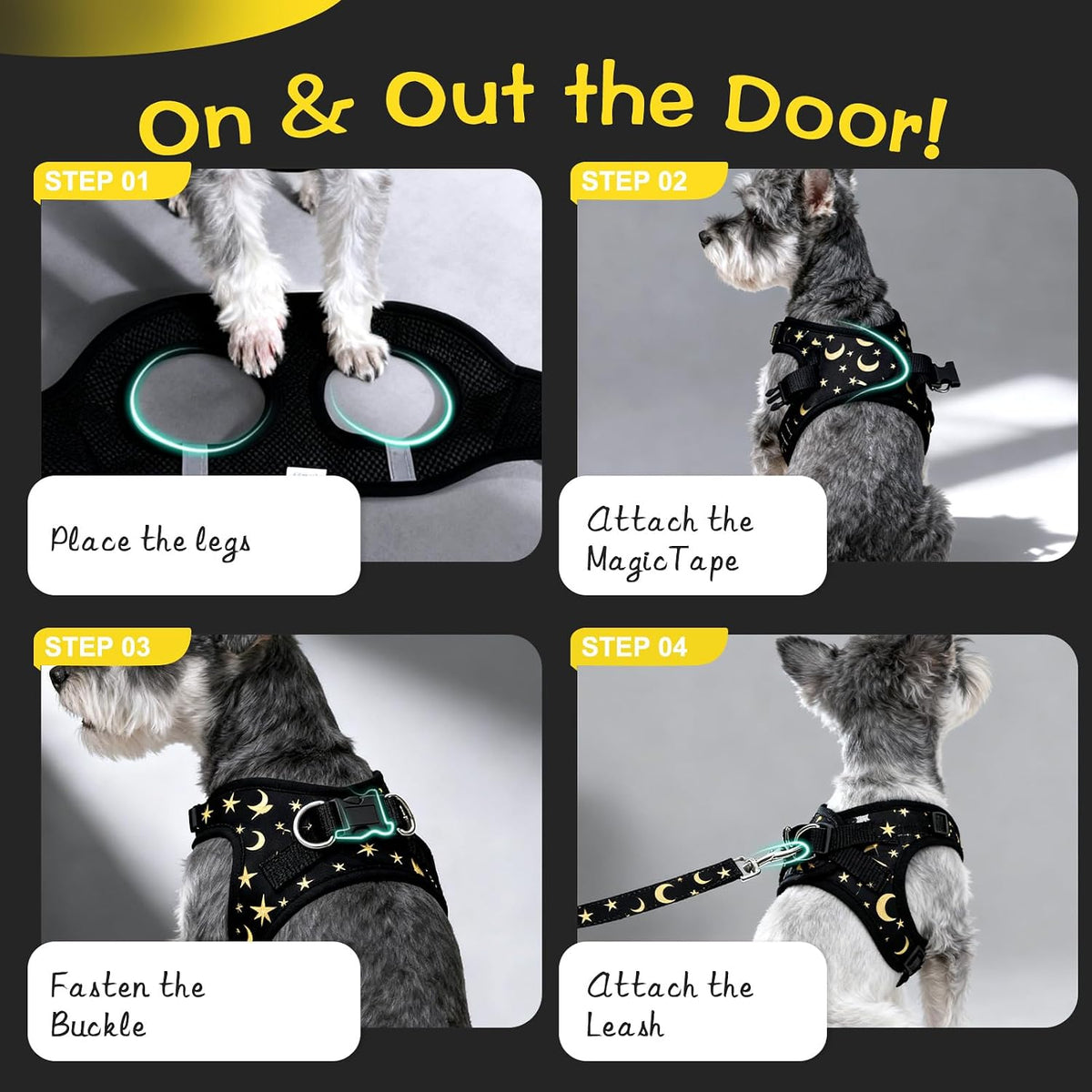 EXPAWLORER Plaid Small Dog Harness and Leash Set with AirTag Holder - Star-Moon / Small - image 3