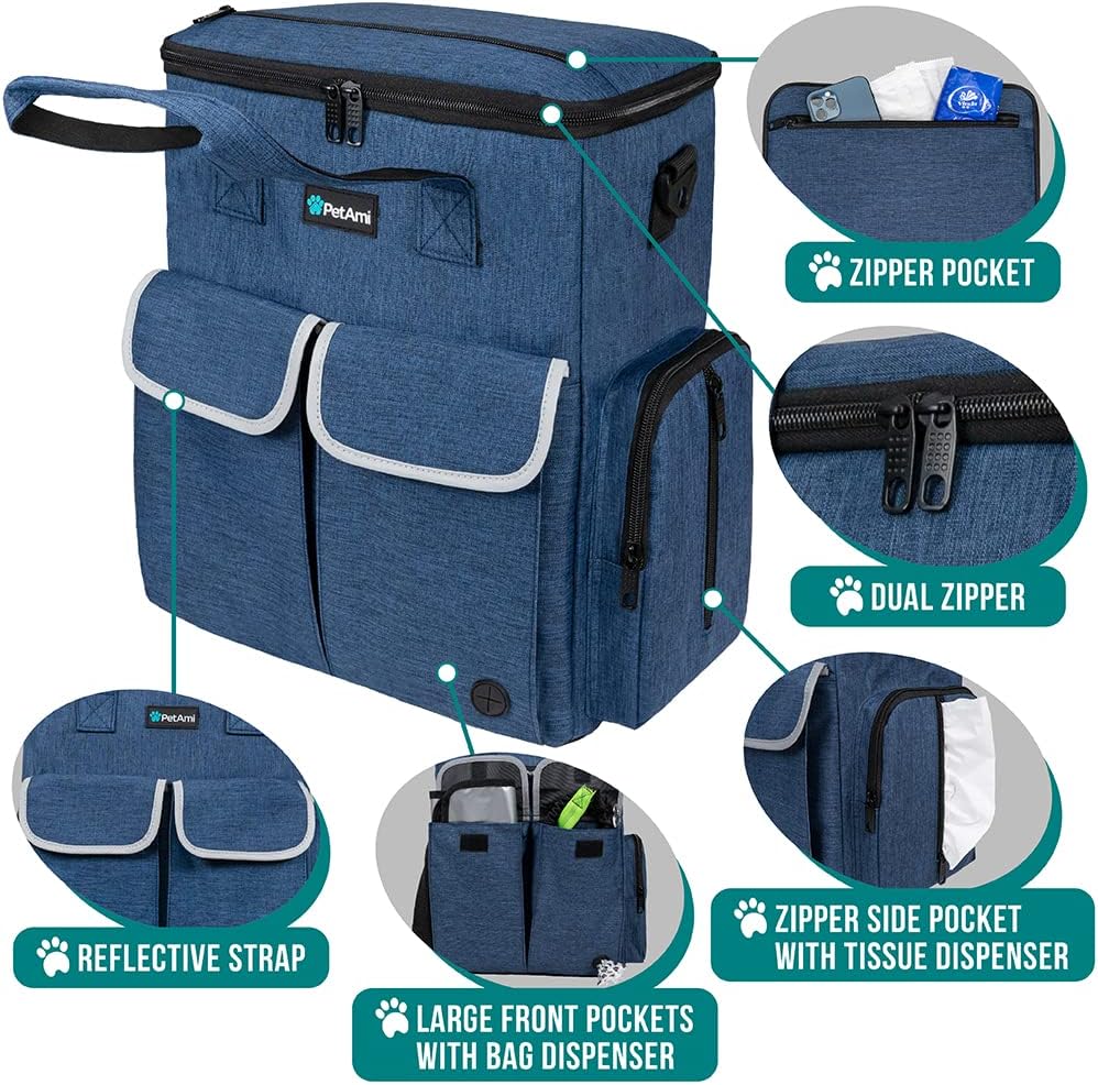 PetAmi Dog Travel Bag Organizer, Pet Supplies Diaper Tote - 12.0"L x 5.0"W x 15.0"H / Heather Navy - image 3