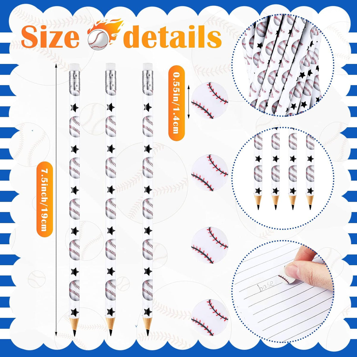 Tinlade 72 Pcs Sports Pencils and Erasers for Boys, Party Favors – Fun for Kids & Family - Baseball - image 2