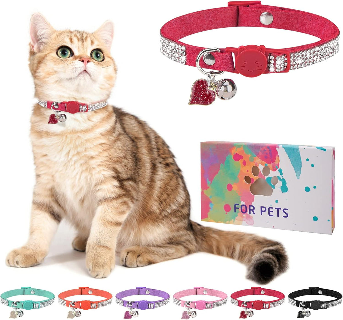Rhinestone Cat Collar Breakaway, Bling Sparkly Diamond - Red-1 / 8"-12" Cats / Mini Dogs