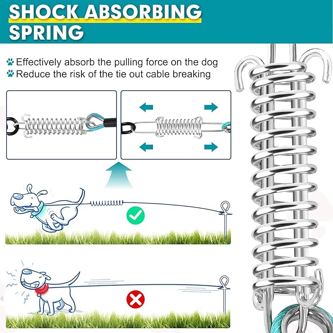 Snagle Paw Dog Tie Out Cable 30FT-1000LBS Break Strength,Heavy Duty Dog Leads for Yard with Shock Absorbing Spring & Swivel Hook,Long Leash Cable for Outdoor Tethering,Dog Line for Small Large Dogs
