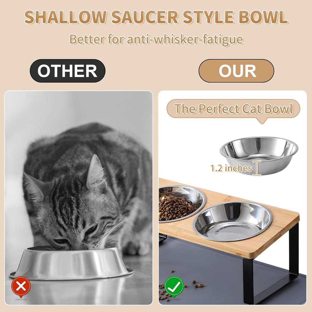 Upgraded Elevated Cat Bowls with Food Mat - Bamboo-2Bowls - image 2