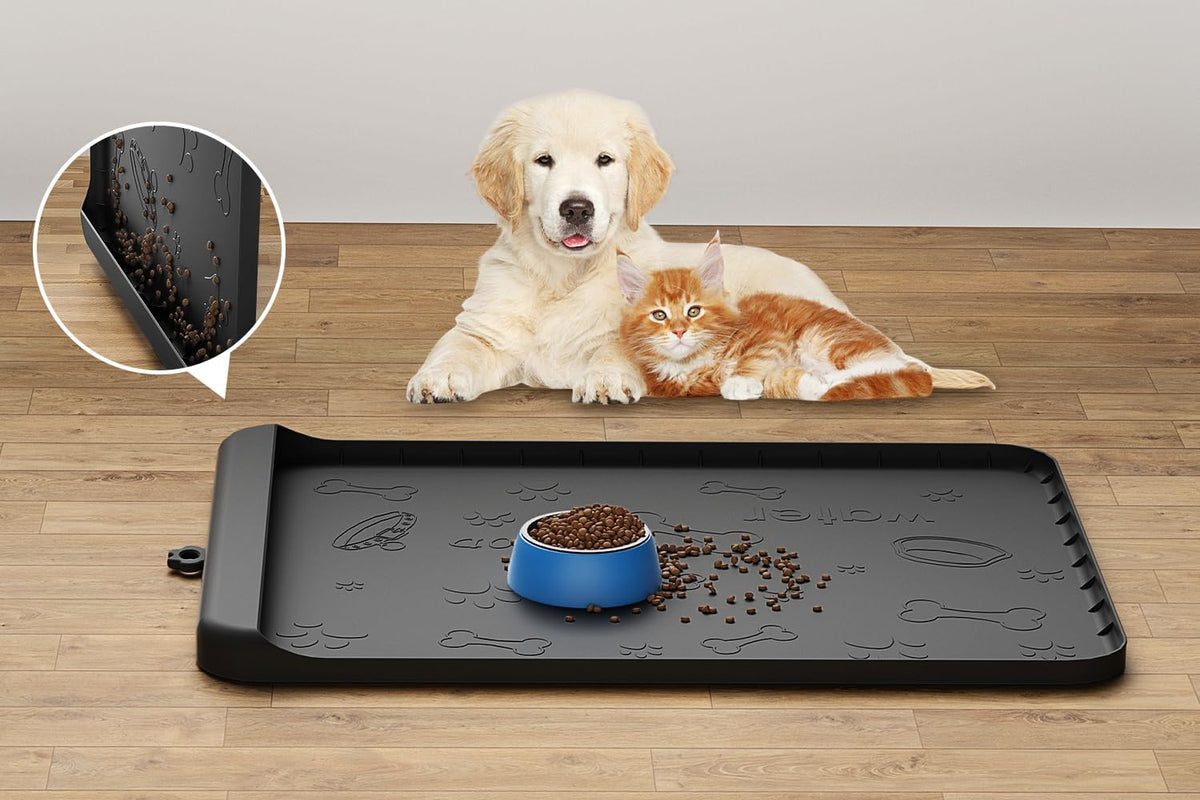 Dog Food Mat 36"x24" - Silicone Dog Mat for Food and Water Large Pet Feeding Mats with Residue - Black / 28"L x 20"W