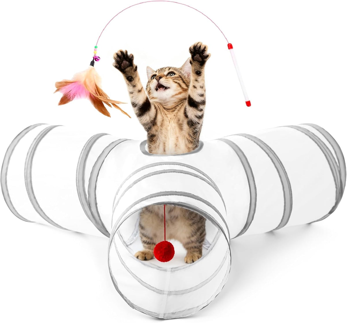 Love's cabin Cat Tunnel for Indoor Cats - White&Light Grey / M (31"x17"x11")
