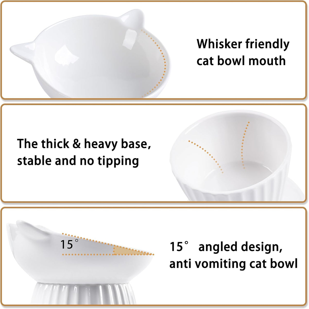 Ceramic Raised Cat Bowl，Tilted Raised Cat Bowl Anti Vomit Cat Bowls - White-2 Pack - image 4