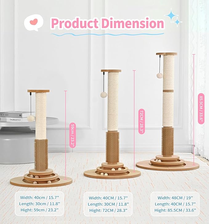 Made4Pets Cat Scratching Post Premium Sisal Cat Scratcher Kitten Toys for Indoor Kittens 33.6" Tall Cat Tower Scratch Post Cat Tree Wooden Interactive Ball Track Cat Toy with Hanging Ball, Beige