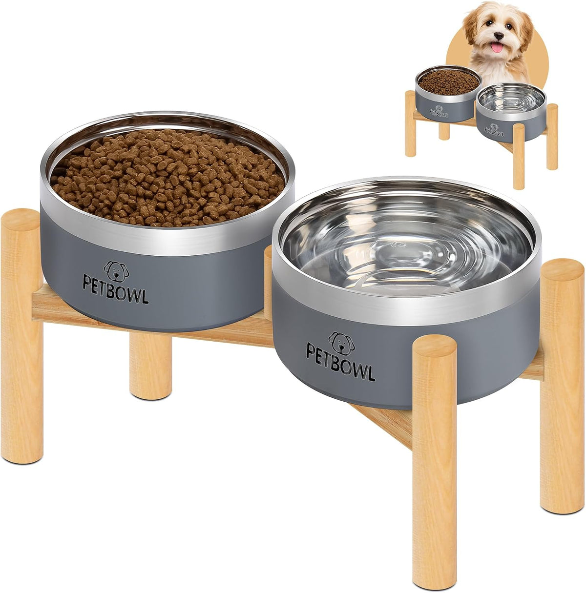 UPSKY 27oz Elevated Stainless Steel Dog Bowls Non-Slip Wooden Stand - Grey