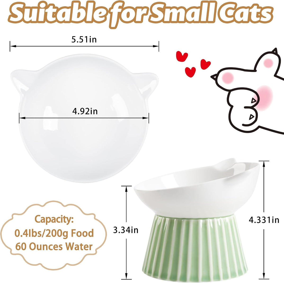 Ceramic Raised Cat Bowl，Tilted Raised Cat Bowl Anti Vomit Cat Bowls - Green - image 2