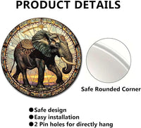 Lygond Metal Sign Tin Sign Circular Stained Glass Elephant Metal Sign for Club 12×12 Inches