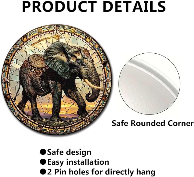Lygond Metal Sign Tin Sign Circular Stained Glass Elephant Metal Sign for Club 12×12 Inches