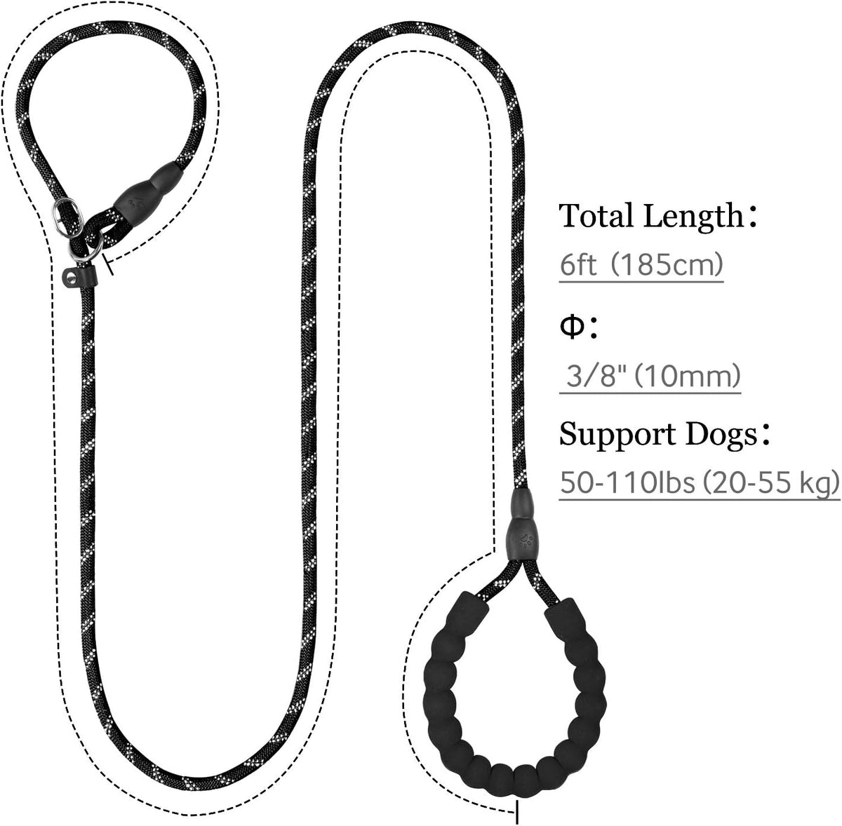 Slip Lead for Dogs, No Pull Training Leash, Padded Handle – Essentials for Dogs - M-3/8"x6'(50-110lbs) / Black - image 2