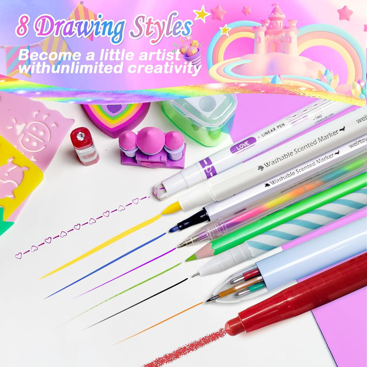 weirtoya 56 PCS Washable Scented Markers Set with Glitter Pencil Case - Multi Color Unicorn - image 3