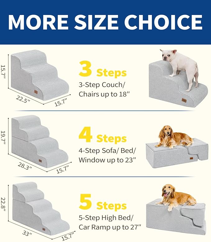 Dog Step for Bed, Dog Stair 3-Step 35D Pet Stair 15.7" H for High Bed or Sofa Non-Slip Balanced Pet Step Indoor, Light Grey