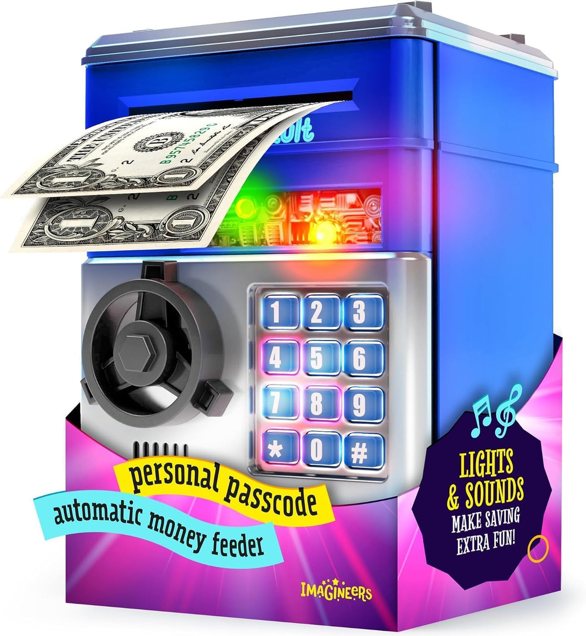 Piggy Bank for Kids, Electronic Money Saving Box w/Code - Blue & Silver