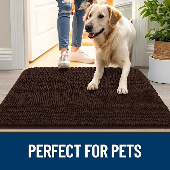 OLANLY Dog Door Mat Set 4-Piece 36x24, Absorbs Moisture and Dirt, Absorbent Non-Slip Washable Doormat, Quick Dry Chenille Mud Mat for Dogs, Entry Indoor Entryway Carpet for Inside Floor, Brown