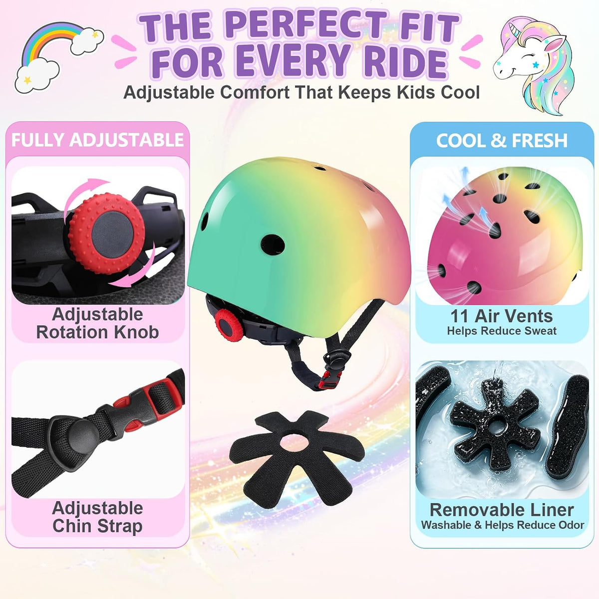 Unicorn Catcher Kids Helmet and Knee Pads Set - Pink Green / Small: 3-8 year - image 4