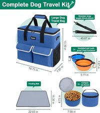 Large Pet Travel Bag Organizer - Dog & Cat Tote with Food Containers, Bowls, Feeding Mat, Perfect for Camping, Hiking (Multi-Pocket Design)