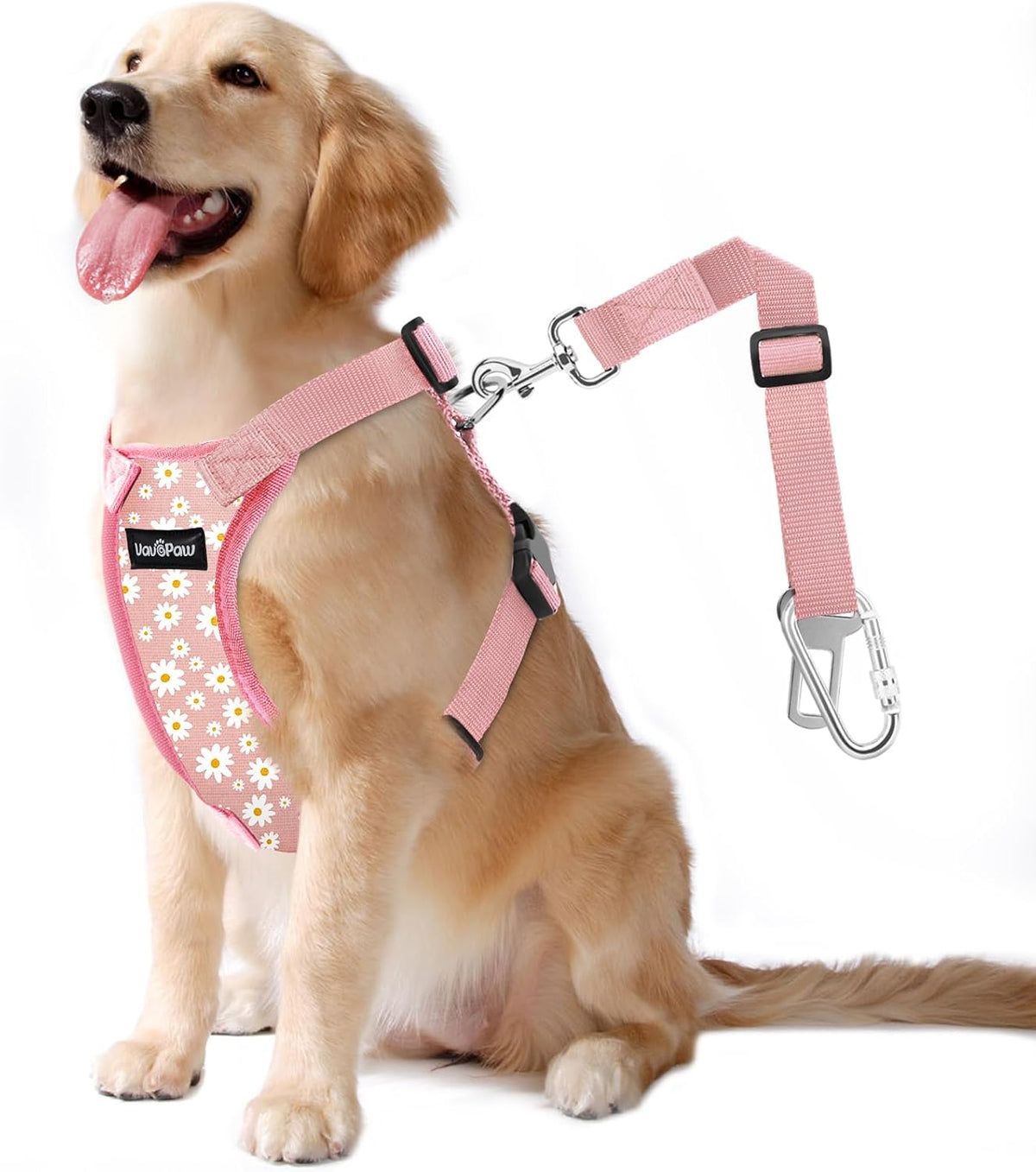 Dog Seat Belt Vest Harness for Car - Pink Daisy / L (Chest: 22-32.3", Neck: 16.9-26")