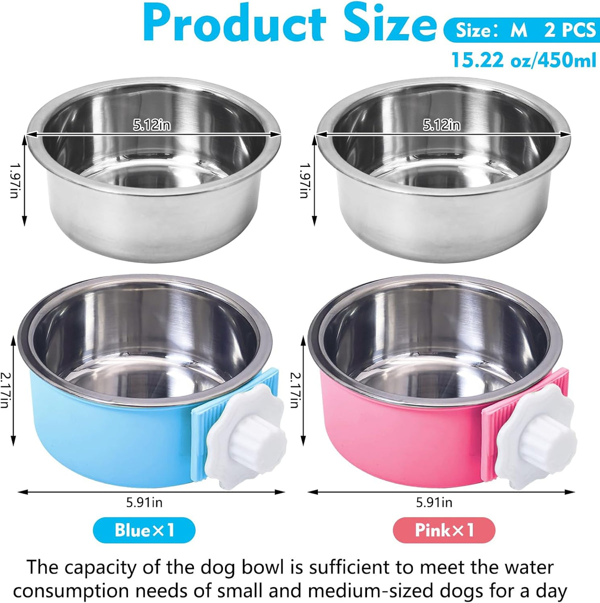 2PCS Stainless Steel Dog Bowls Set Removable Puppy Food and Water - 2 PCS / Size: M (Blue, Pink) - image 2