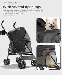 Pet Stroller with 4 Wheels for Small/Medium Pets, Portable Travel Foldable Carrier Jogger for Dog Cat Puppy Kitty, Rear Wheel Breaks, Storage Basket, Visible Mesh with Weather Cover (Black)