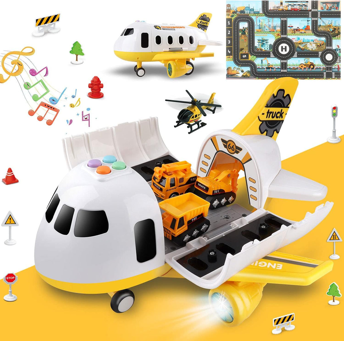 Dwi Dowellin Airplane Toy with Fire Truck Cars and Play Mat - Construction Car Airplane