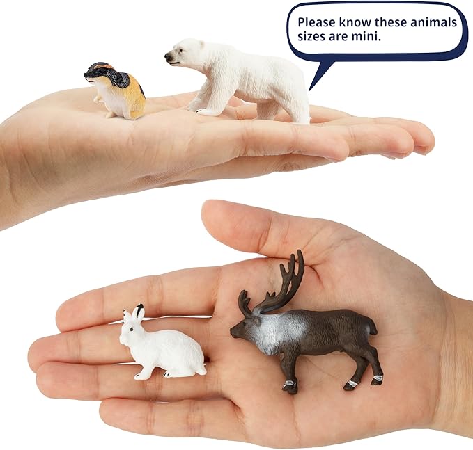 Toymany 14PCS Mini Arctic Animals Figurines Set, Polar Animals Toys with Polar Bear, Caribou, Penguin, Walrus, Wolf Figurines Cake Toppers Birthday Easter Gifts for Preschool Kids