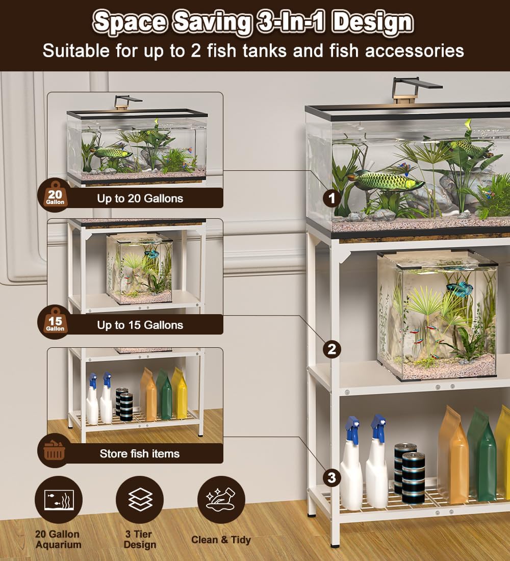 20-30 Gallon Aquarium Stand with 3-Tier Adjustable Storage Shelf – Essentials for Fish - 20 Gal White - image 3