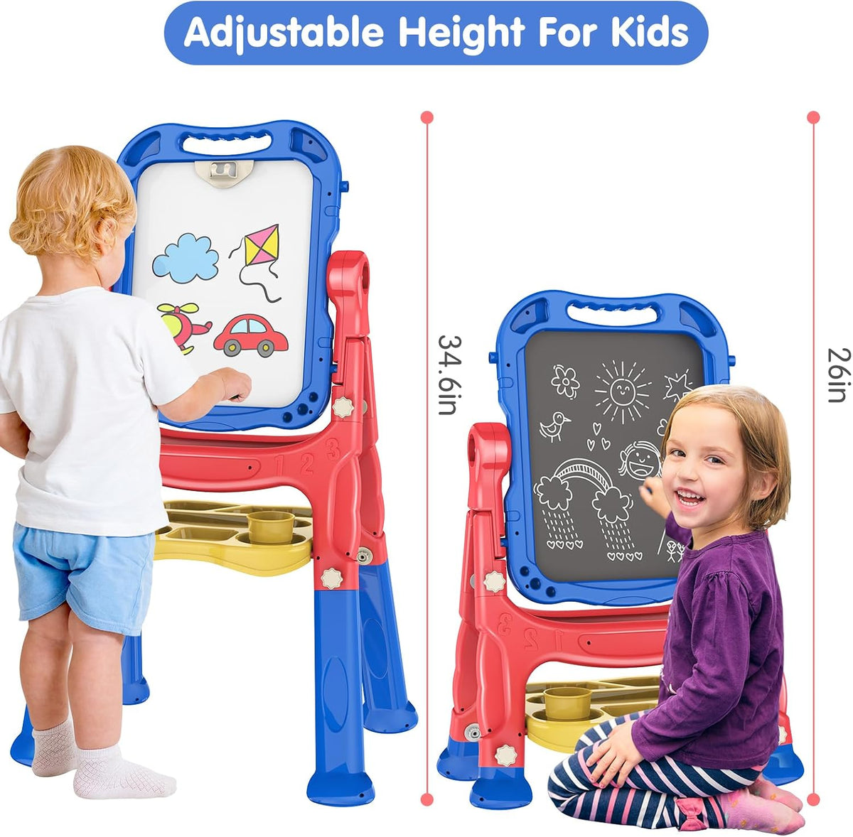 Amagoing Easel for Kids, Adjustable Standing Art Easel for Toddler, Double Side White Chalk Board - blue+red - image 2