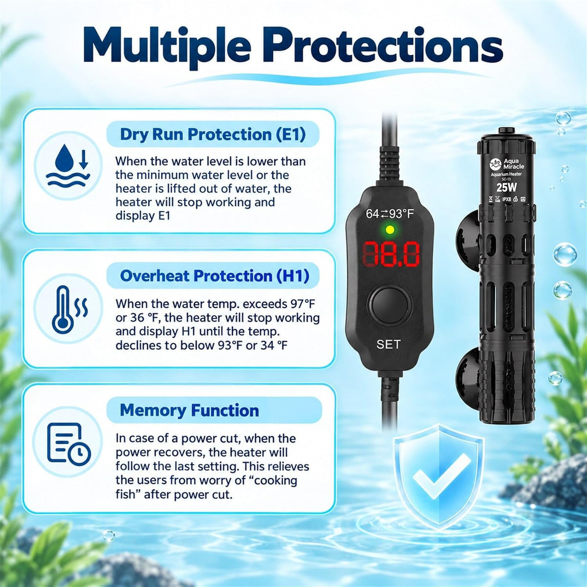 AquaMiracle Aquarium Heater Dry-Run Auto Power-Off & Overheat - For 3-5 Gal Aquariums - image 3