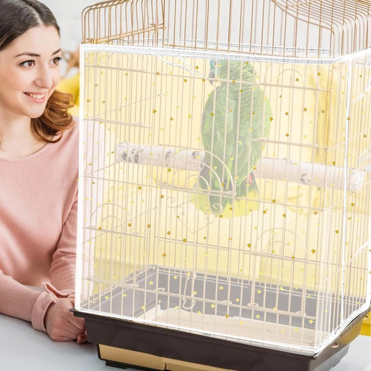 Bird Cage Seed Catcher, Large Bird Cage Cover - White, Sequins Star - image 2