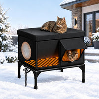 Wn's Day weatherproof heated outdoor cat house with eave, elevated base and escape door