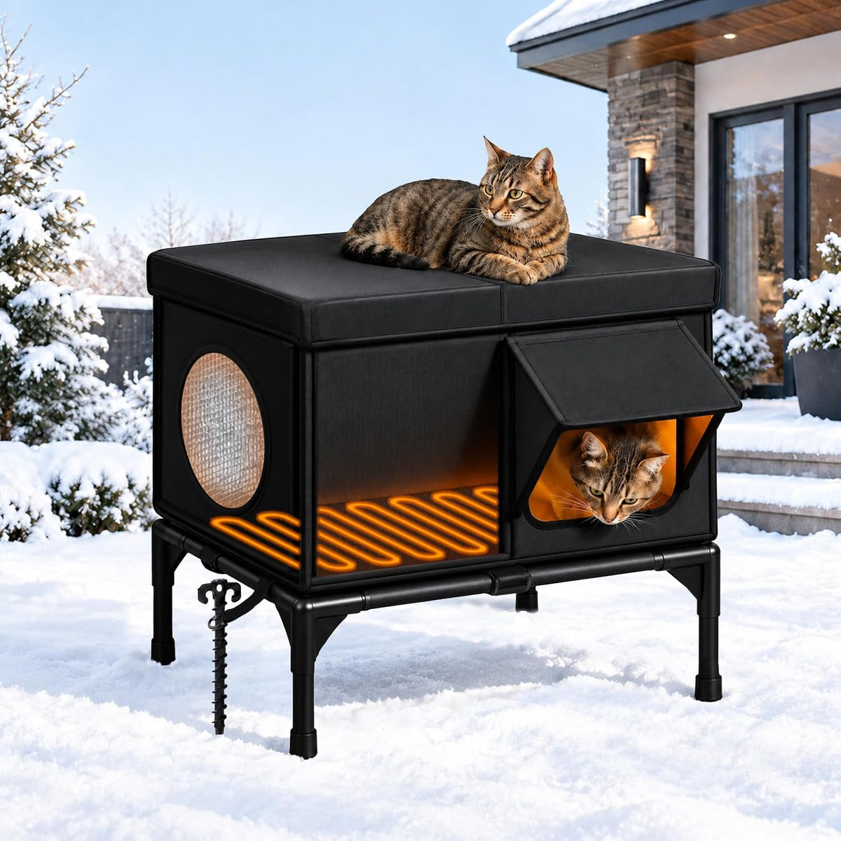 Wn's Day weatherproof heated outdoor cat house with eave, elevated base and escape door