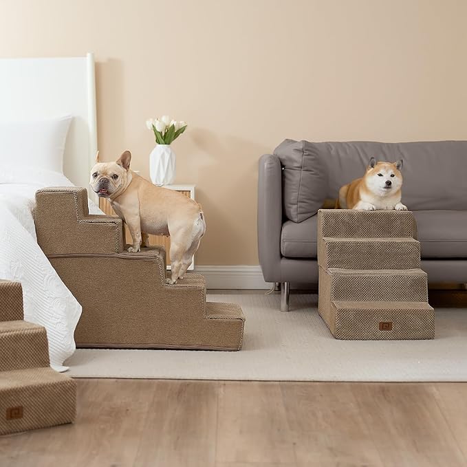 EHEYCIGA Dog Stairs for High Bed 22.5" H, 5-Step Dog Steps for Bed, Pet Steps for Small Dogs and Cats, Non-Slip Balanced Pet Ramp Indoor, Camel