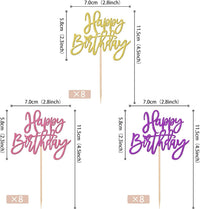 24 PCS Happy Birthday Cupcake Toppers Glitter Picks for Celebrating - Gold Purple Pink - image 2