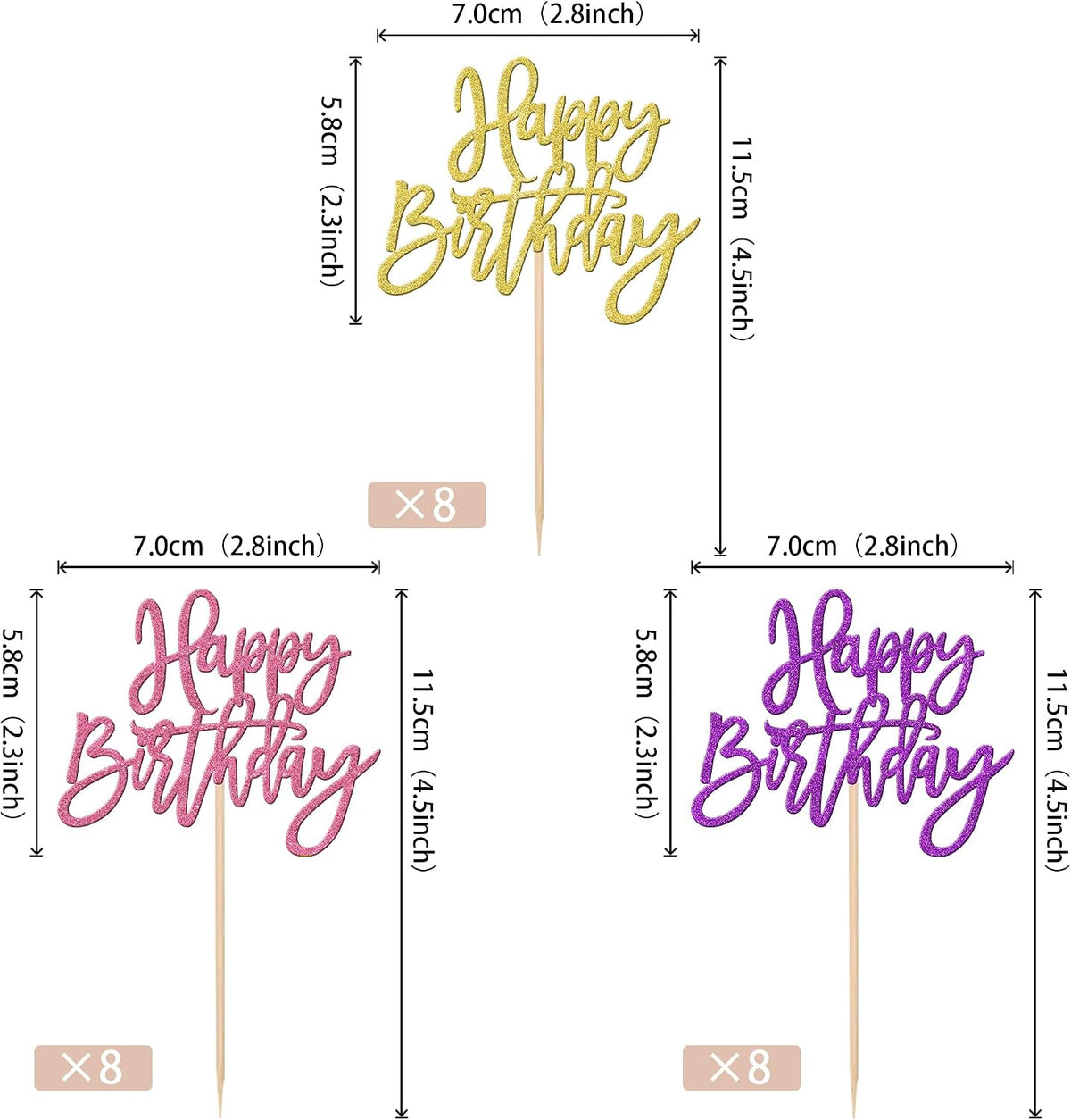 24 PCS Happy Birthday Cupcake Toppers Glitter Picks for Celebrating - Gold Purple Pink - image 2
