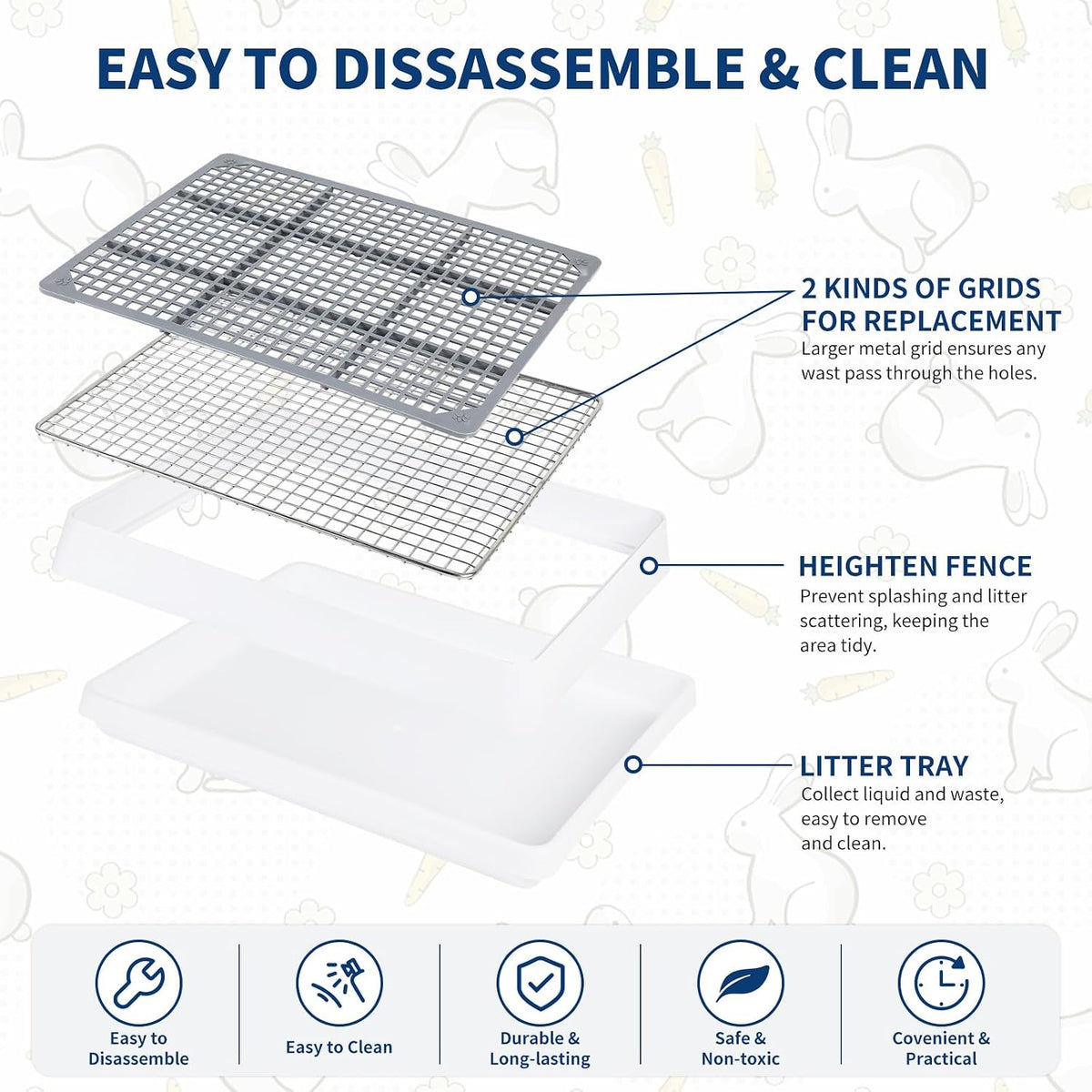 FHTONGE Extra Large Rabbit Litter Box Training Tray with Large Steel - 14.6x12x2.6"(40x30x6cm) / 0.5" Stee Grids + 0.4" PP Grids - image 2
