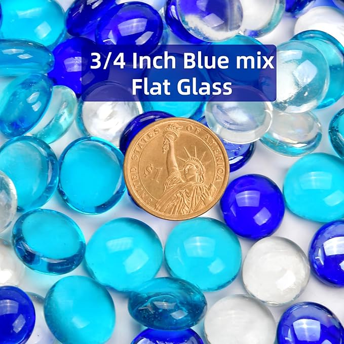 10LB Blue Mix Flat Glass Marbles for Vases, Mancala Stones Gemstone Beads Vase Filler Decorative Glass Pebbles for Fish Tank, DIY Crafts, Aquarium Decor Rocks