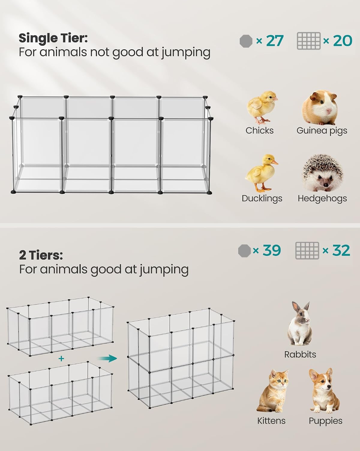 SONGMICS Pet Playpen with Floor, Small Animal Playpen – Essentials for Small Pets - White / 20 Panels - 57.1"L x 28.3"W x 22.4"H - image 3
