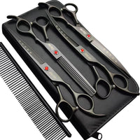 7.0in Titanium Professional dog Grooming Scissors set - Bright Black With Comb