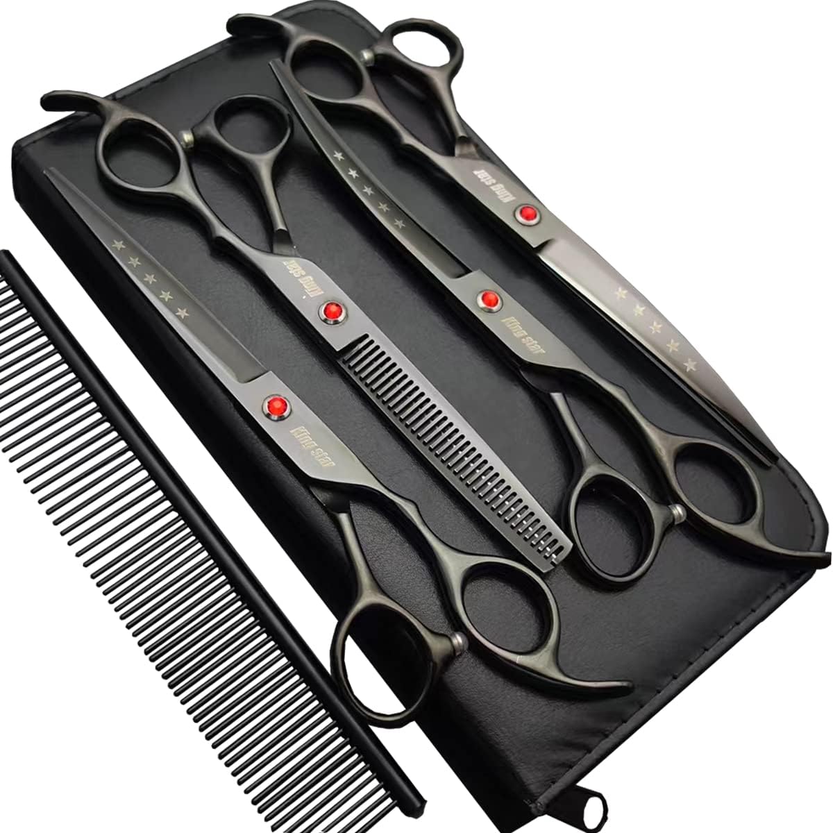 7.0in Titanium Professional dog Grooming Scissors set - Bright Black With Comb